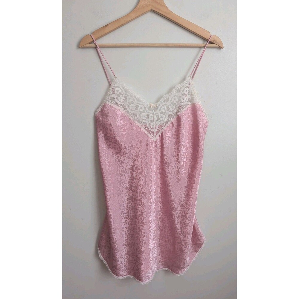 Vintage 80s Pink Floral Satin Lace Lingerie Chemise Slip Dress XS S 34 Bust USA